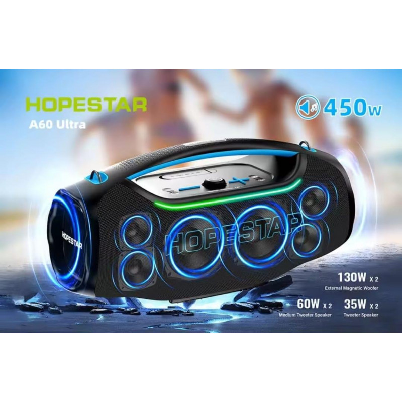 Блютуз колонка для вечірок з мікрофоном і підсвіткою HOPESTAR A60 Ultra / 450 ват / Синя