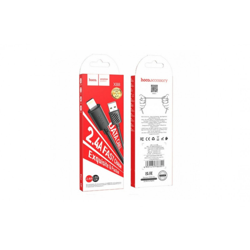 Кабель Hoco X88 / Lightning - USB для Iphone / Швидка зарядка до 2.4 ампера / 1 метр / Чорний