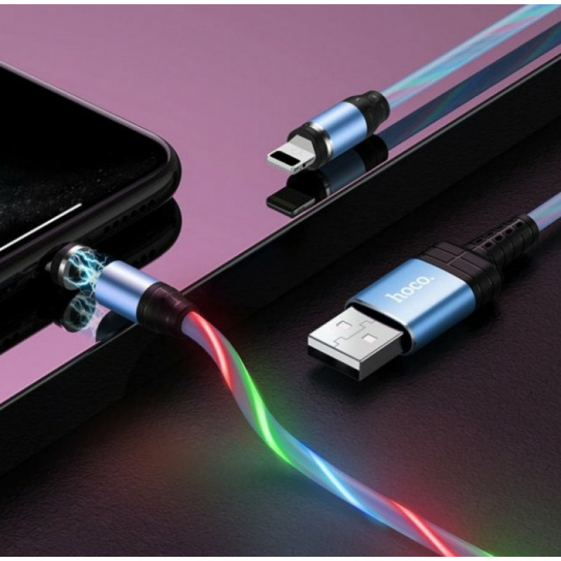 Магнітний силіконовий кабель (Світиться) Hoco U90 / Lightning (Iphone) - USB / 100 см. / Блакитний