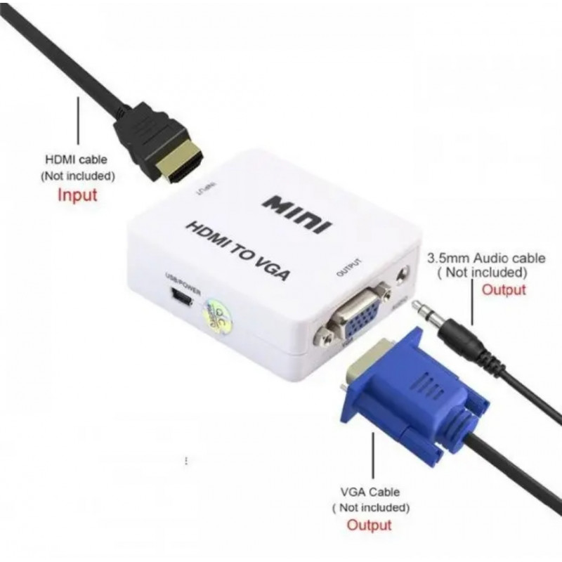 Перехідник HDMI - VGA для передачі відео і аудіо сигналу / 1080p / Білий
