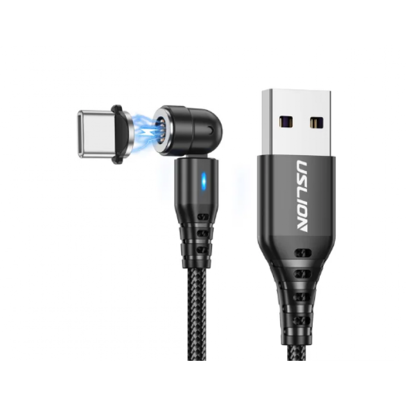 Магнітний кабель USLION 2 в 1 (Швидка зарядка 5A) / Type-C - USB / 540 градусів / Круглий / 100 см. / Чорний