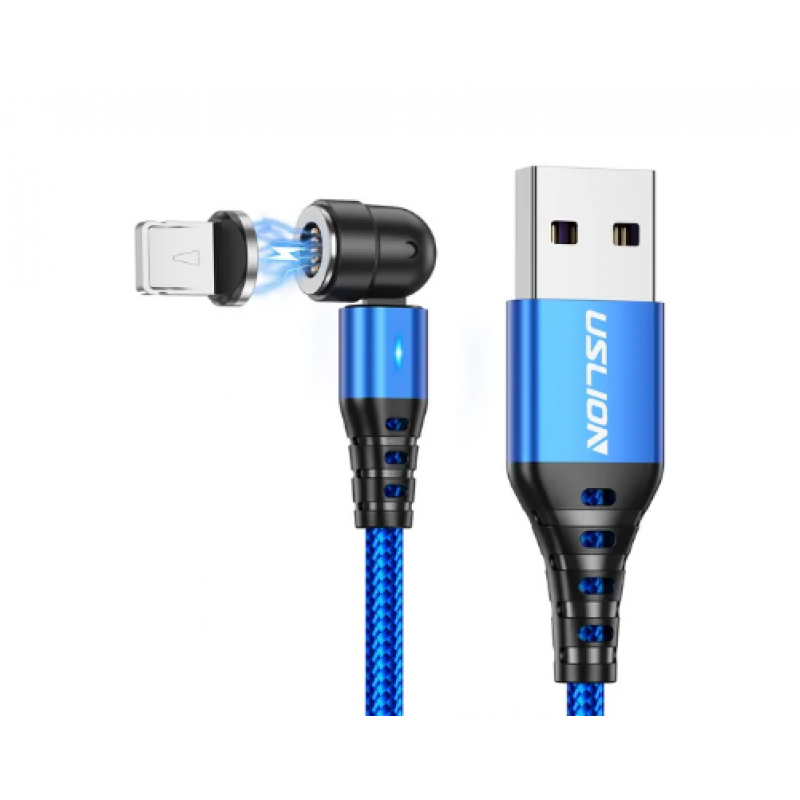 Магнітний кабель USLION 2 в 1/(Швидка зарядка 5A)Lightning (Iphone)/ 540 градусів / Круглий / 100 см. / Синій