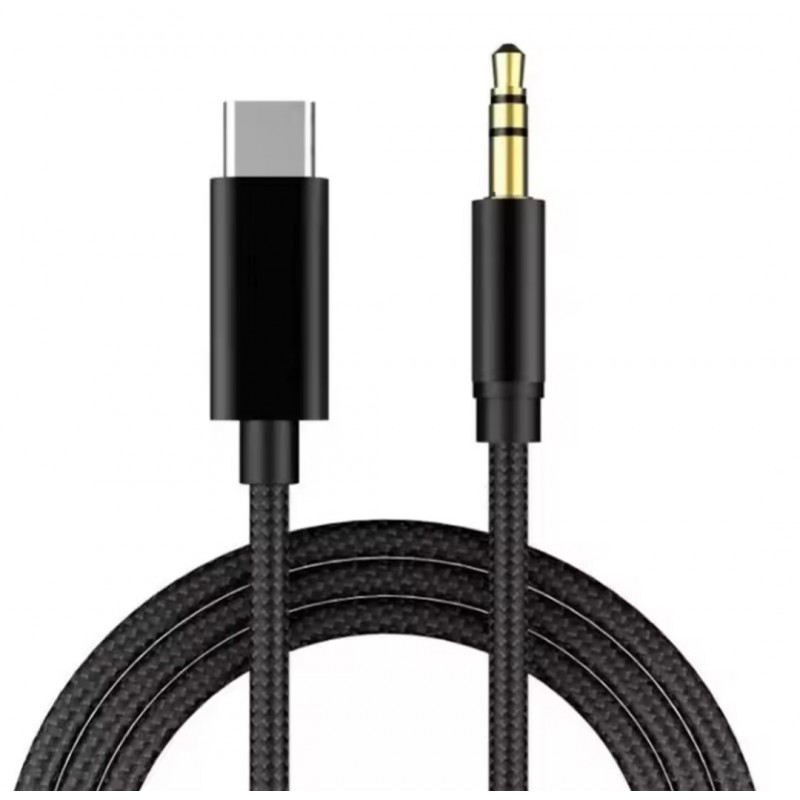 Переходник кабель Type-c на AUX аудио 3.5 mm. / Нейлон / 1 метр / Черный