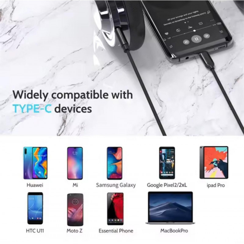 Переходник кабель Type-c на AUX аудио 3.5 mm. / Нейлон / 1 метр / Черный