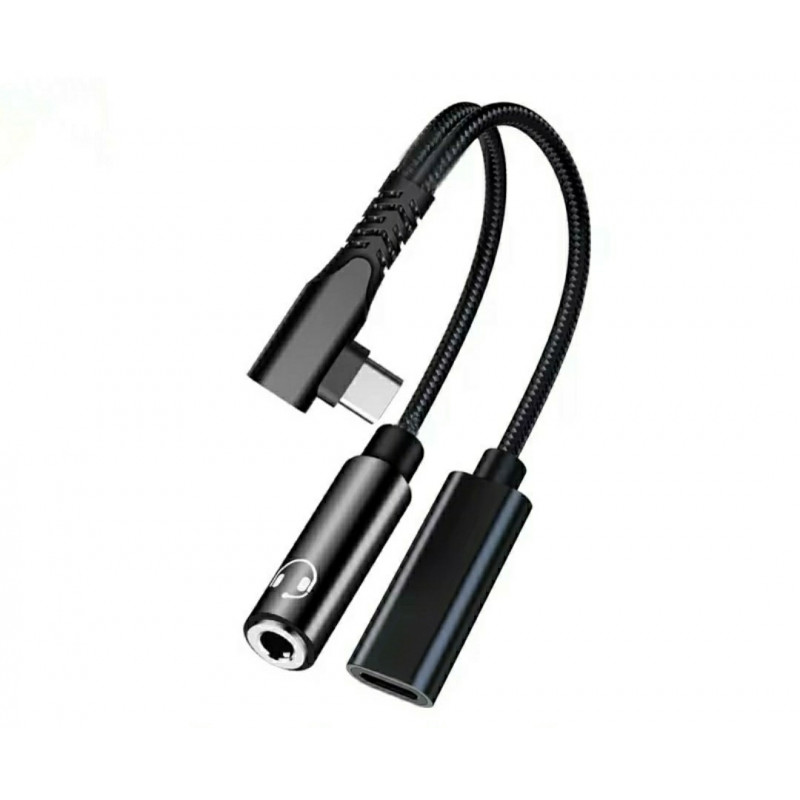 Перехідник кутовий 2в1 Type-C - AUX 3.5 mm + Type-C для смартфонів Samsung \ Швидка зарядка \ Чорний