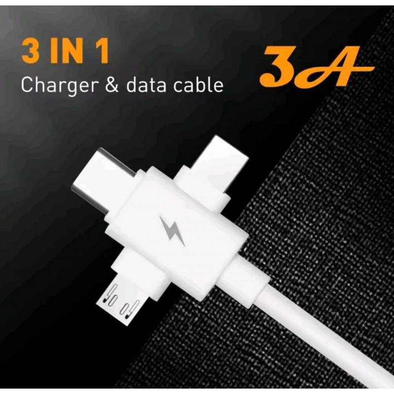 Кабель 3в1 USB - Type-c, Lightning, Micro для швидкої зарядки смартфонів \ 1,3 метра \ Білий