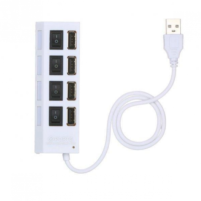 USB хаб Hi-Speed / USB 2.0 / 4 порти USB / З перемикачами / 40 см. / Білий