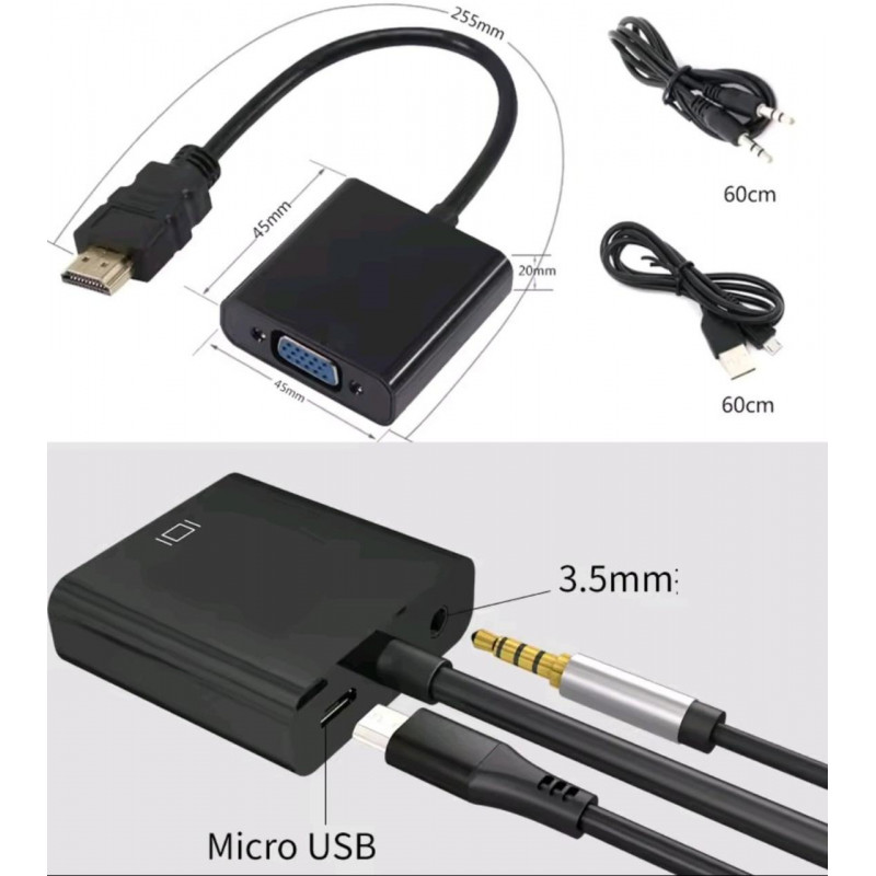 Кабель-перехідник HDMI - VGA  для передачі відео і аудіо сигналу / Активне живлення, 1080р / Чорний