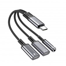 Перехідник 60W 3в1 для Iphone 17, 17Pro, 17 Air \ Type-c - AUX 3.5, Type-c ( зарядка), AUX Type-c \ Чорно-сірий
