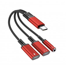 Перехідник 60W 3в1 для Iphone 17, 17Pro, 17 Air \ Type-c - AUX 3.5, Type-c ( зарядка), AUX Type-c \ Чорно-червоний