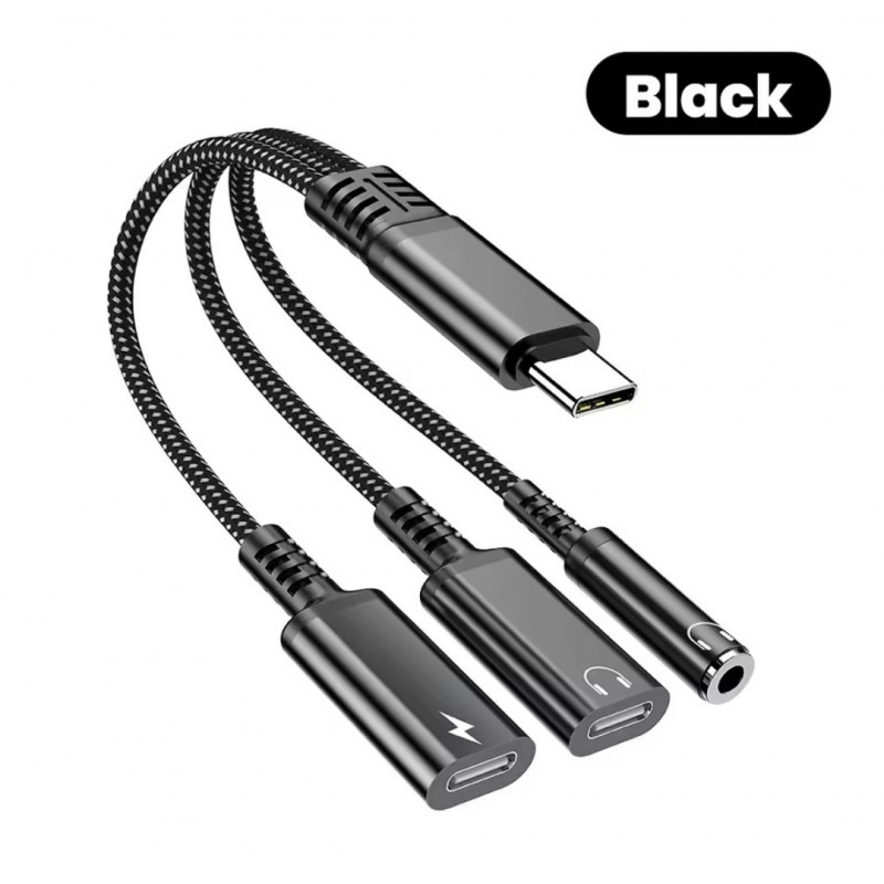 Перехідник 60W 3в1 для Samsung S25, S25+, S25Ultra \ Type-c - AUX 3.5, Type-c ( зарядка), AUX Type-c \ Чорний