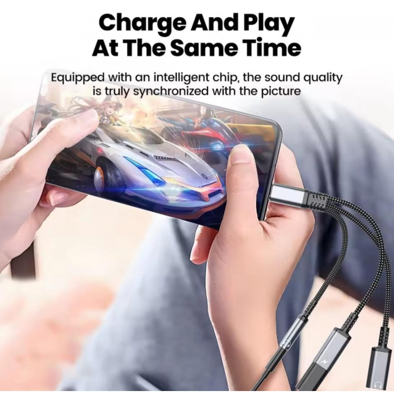 Перехідник 60W 3в1 для Google Pixel 10 Pro XL, 10 Pro, Pixel1010 \ Type-c - AUX 3.5, Type-c ( зарядка), AUX Type-c \ Чорно-сірий