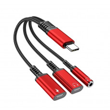 Перехідник 60W 3в1 для Google Pixel 10 Pro XL, 10 Pro, Pixel1010 \ Type-c - AUX 3.5, Type-c ( зарядка), AUX Type-c \ Червоний