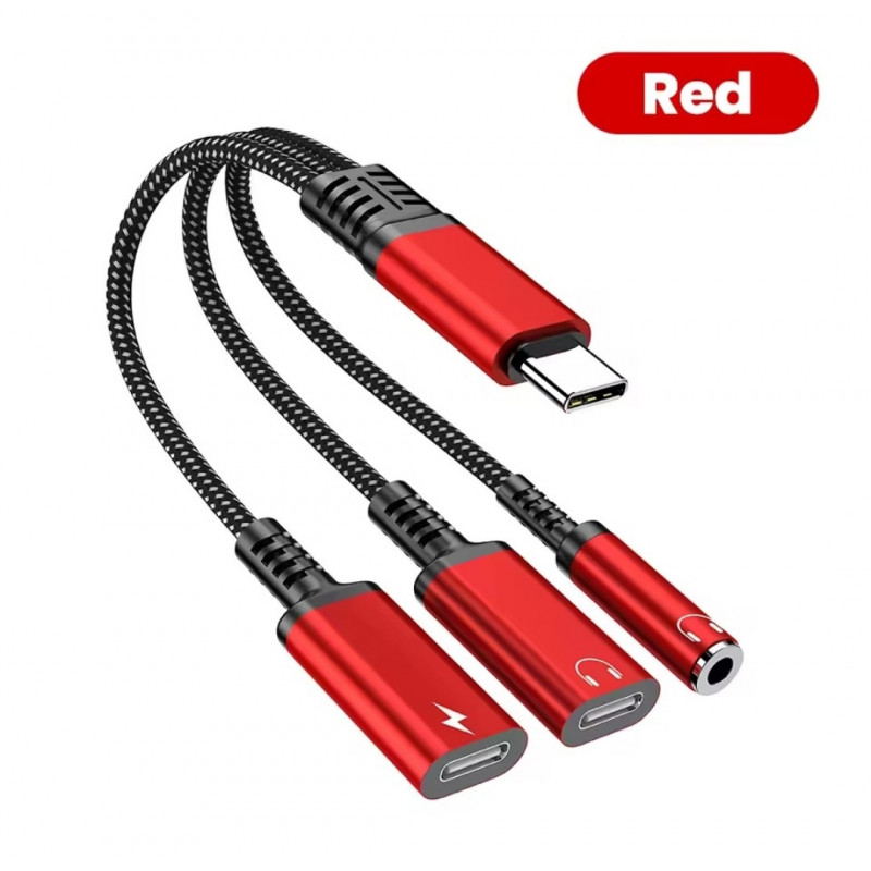 Перехідник 60W 3в1 для Google Pixel 10 Pro XL, 10 Pro, Pixel1010 \ Type-c - AUX 3.5, Type-c ( зарядка), AUX Type-c \ Червоний