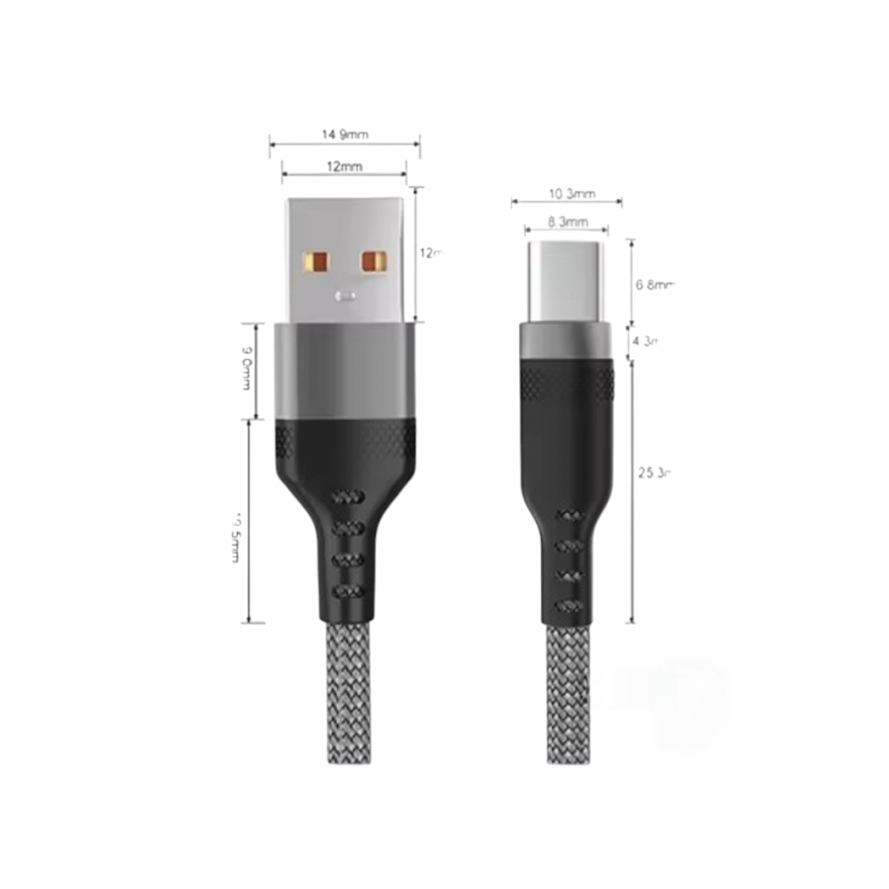 Нейлоновий кабель USB - Type-c для швидкої зарядки смартфонів \ 2 метра \ Сірий