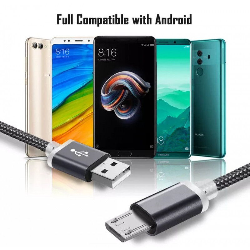 Micro USB кабель з подовженим коннектором 9 мм, усилений Сірий 2 метра