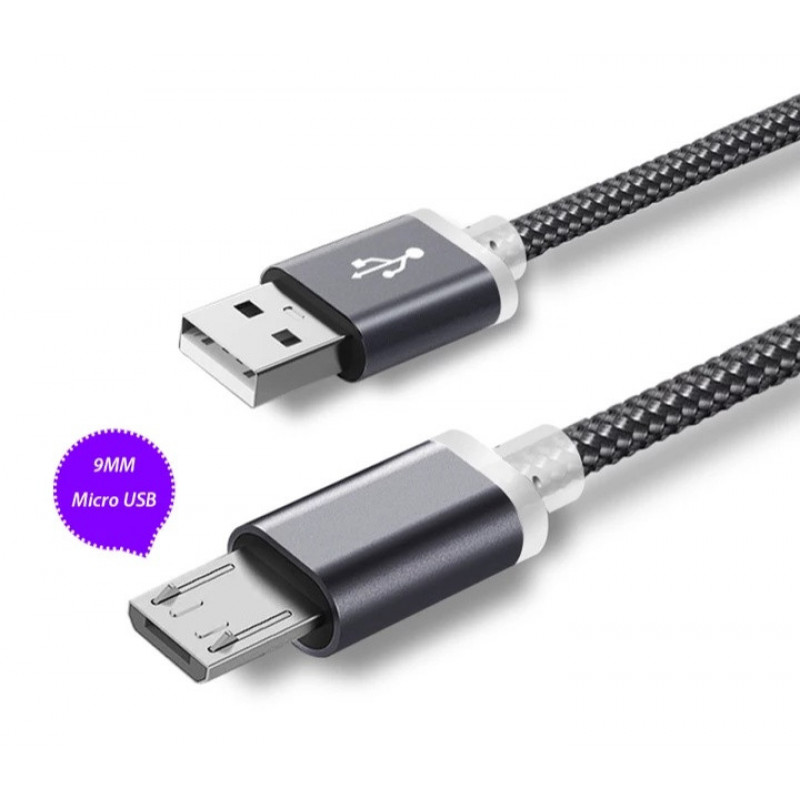 Micro USB кабель з подовженим коннектором 9 мм, усилений Сірий 2 метра