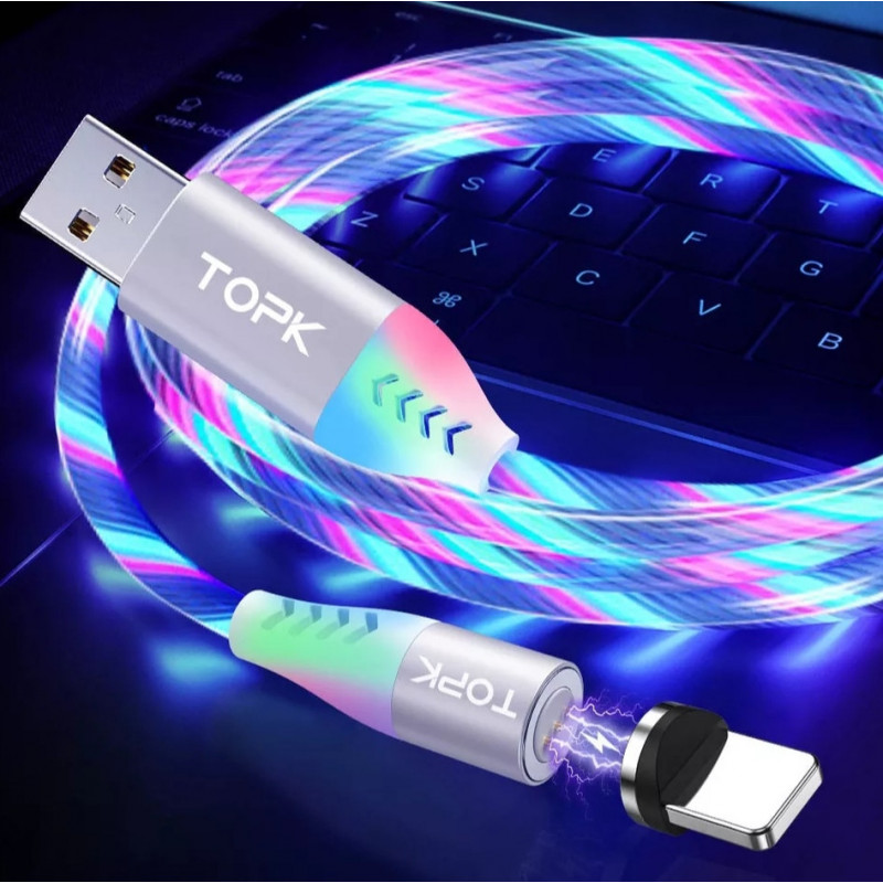 Магнітний кабель USB Type-C TOPK Cвітиться (мультиколір) для швидкої зарядки 3.0 Білий