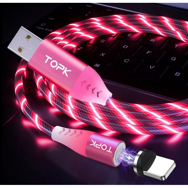 Магнітний кабель USB Type-C TOPK Cвітиться (червоним) для швидкої зарядки 3.0 Розовий