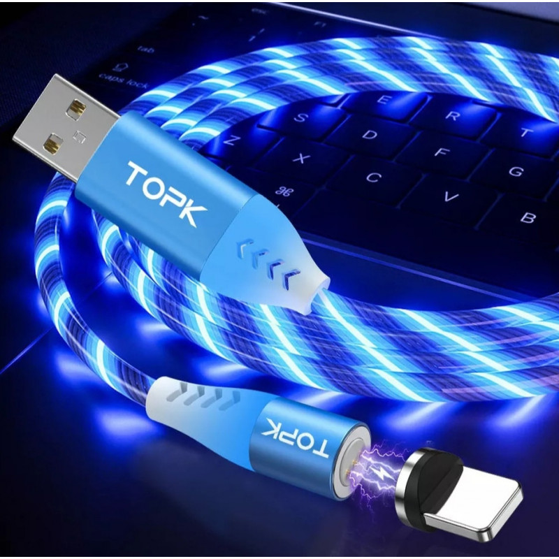 Магнітний USB кабель для Iphone (8-Pin) TOPK Cвітиться (Синім) швидка зарядкa 3A Голубий