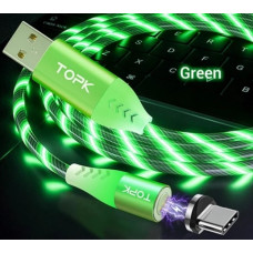 Магнітний кабель USB Type-C TOPK Cвітиться (Зеленим) для швидкої зарядки 3.0 Зелений