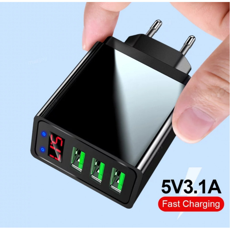 Зарядний блок живлення Elough з дисплеєм на 3 USB швидка зарядка 5V 3.1A Чорний