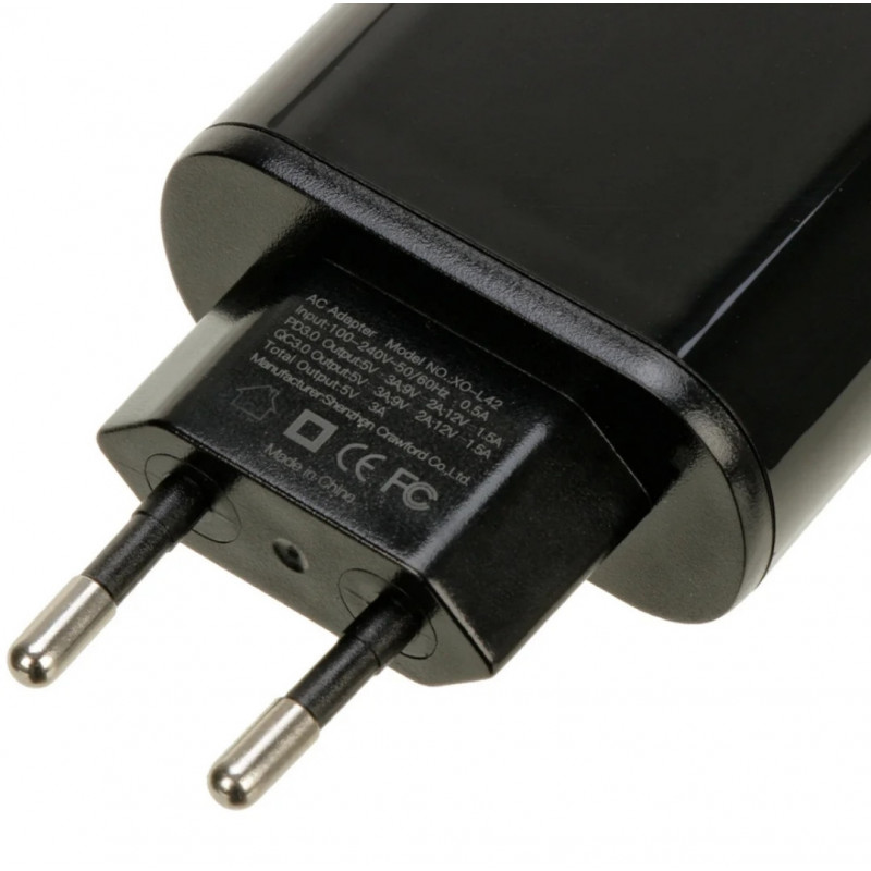 Блок питания с дисплеем XO-L42 Быстрая зарядка Quick Charge 3.0 USB + Type C Черный