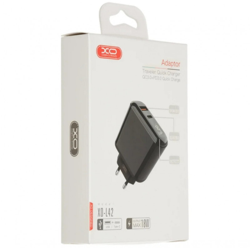 Блок питания с дисплеем XO-L42 Быстрая зарядка Quick Charge 3.0 USB + Type C Черный