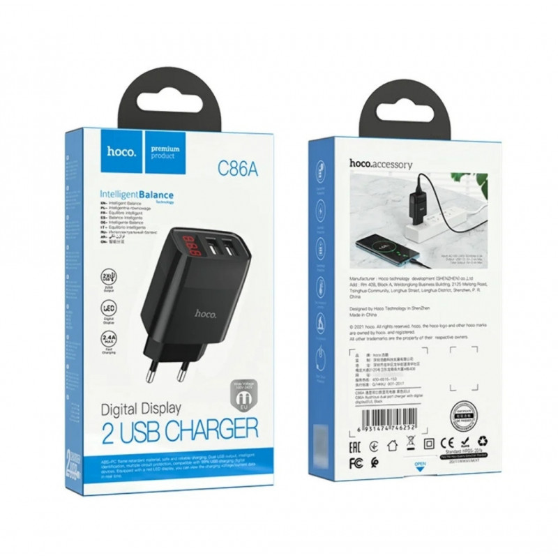 Оригинальное зарядное блок питания 2 USB Hoco. C86A 5V 2.4 А с дисплеем Черный