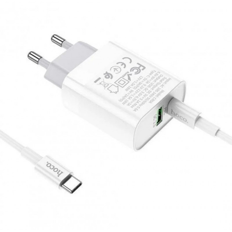 Блок живлення Hoco. C80A з кабелем Type C Швидка зарядка Quick Charge 3.0 USB 18W + Type C 20W Білий