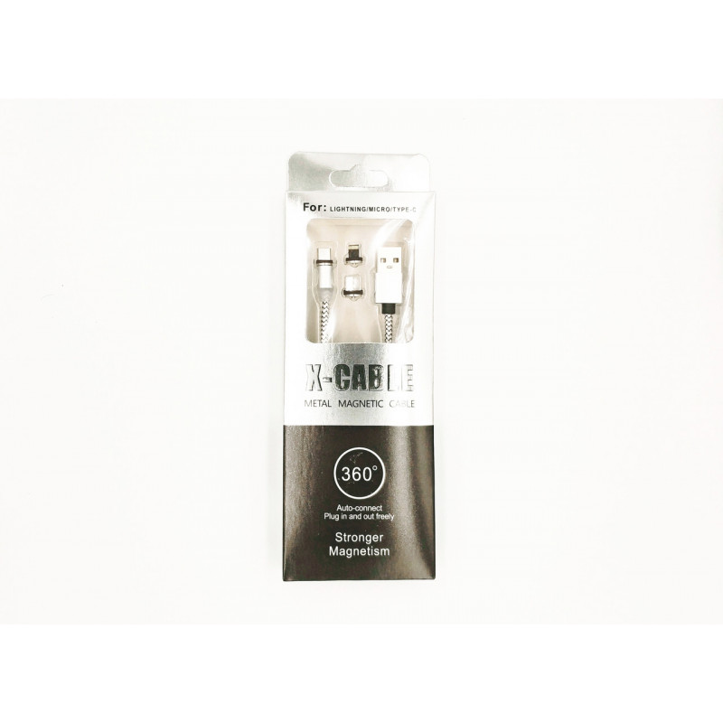 Магнитный USB кабель 3 в 1 (Micro, Type-C, Lightning) X-CABLE Круглый 360 Градусов Серый
