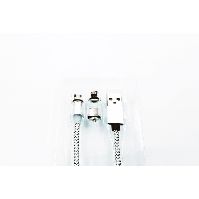 Магнитный USB кабель 3 в 1 (Micro, Type-C, Lightning) X-CABLE Круглый 360 Градусов Серый