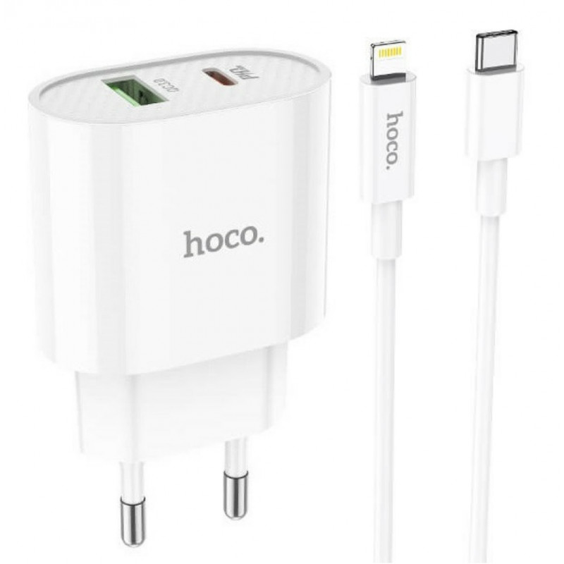 Блок живлення hoco. C95A  з кабелем Type-C - Lightning  Quick Charge 3.0 18W + Type-C PD20W Білий