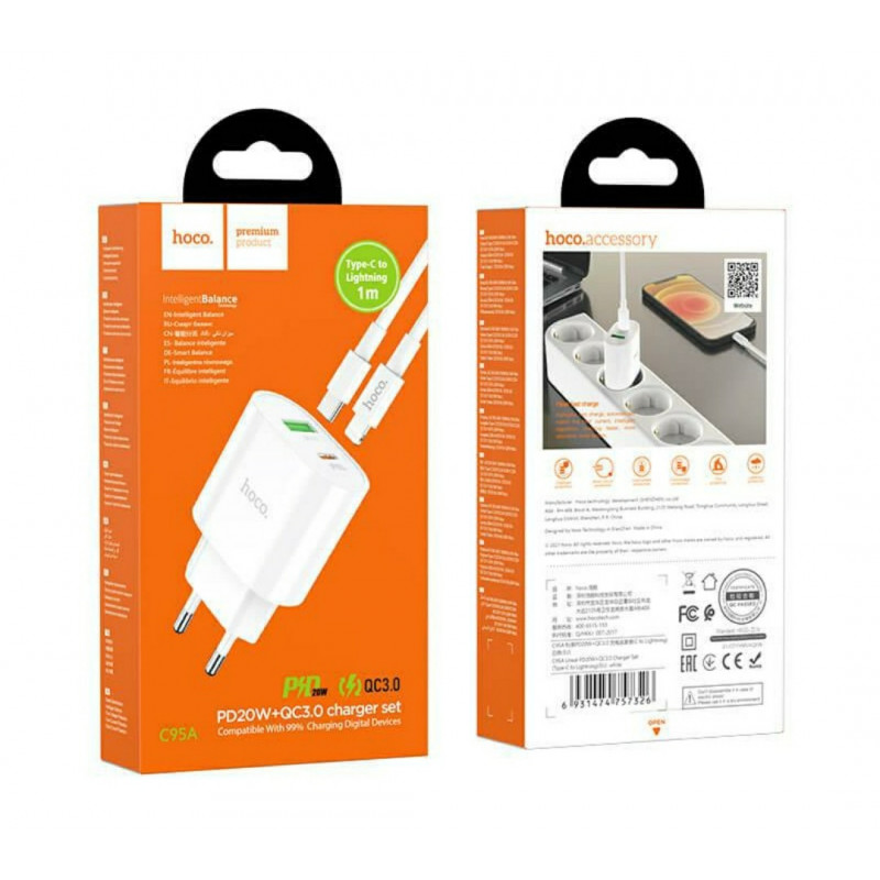 Блок живлення hoco. C95A  з кабелем Type-C - Lightning  Quick Charge 3.0 18W + Type-C PD20W Білий