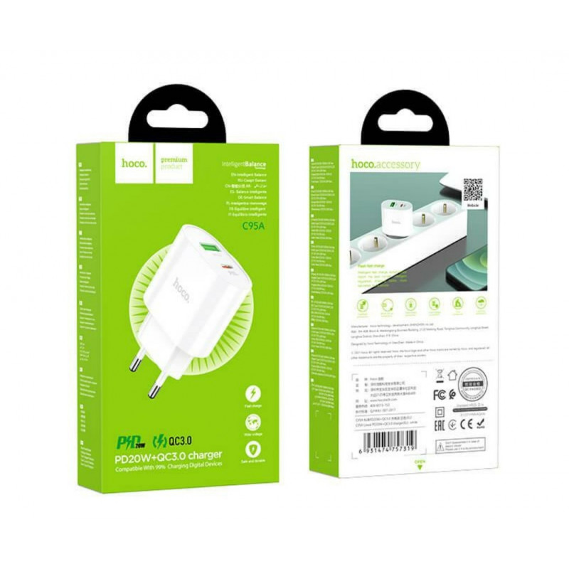 Блок живлення hoco. C95A  Quick Charge 3.0 18W + Type-C PD20W  Білий