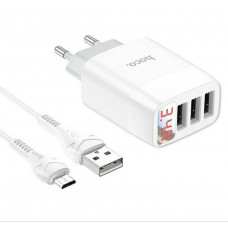Блок живлення hoco. C93A  3 USB + дисплей + кабель Micro-USB до 3.4 Ампер   Білий