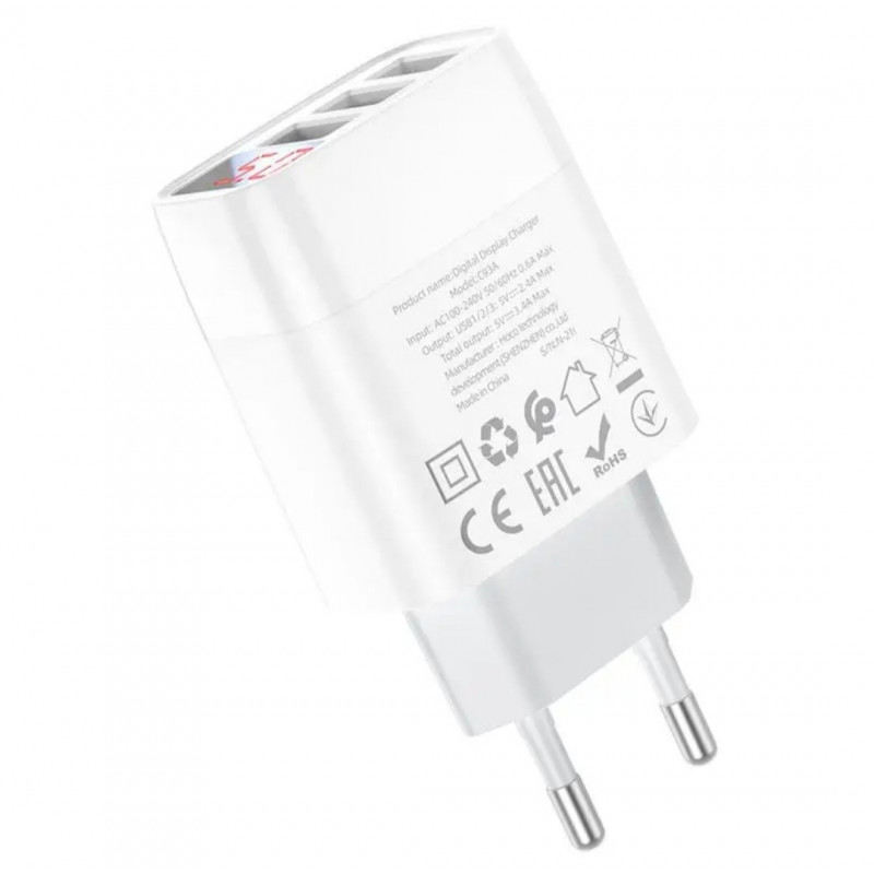 Блок живлення hoco. C93A  3 USB + дисплей + кабель Micro-USB до 3.4 Ампер   Білий