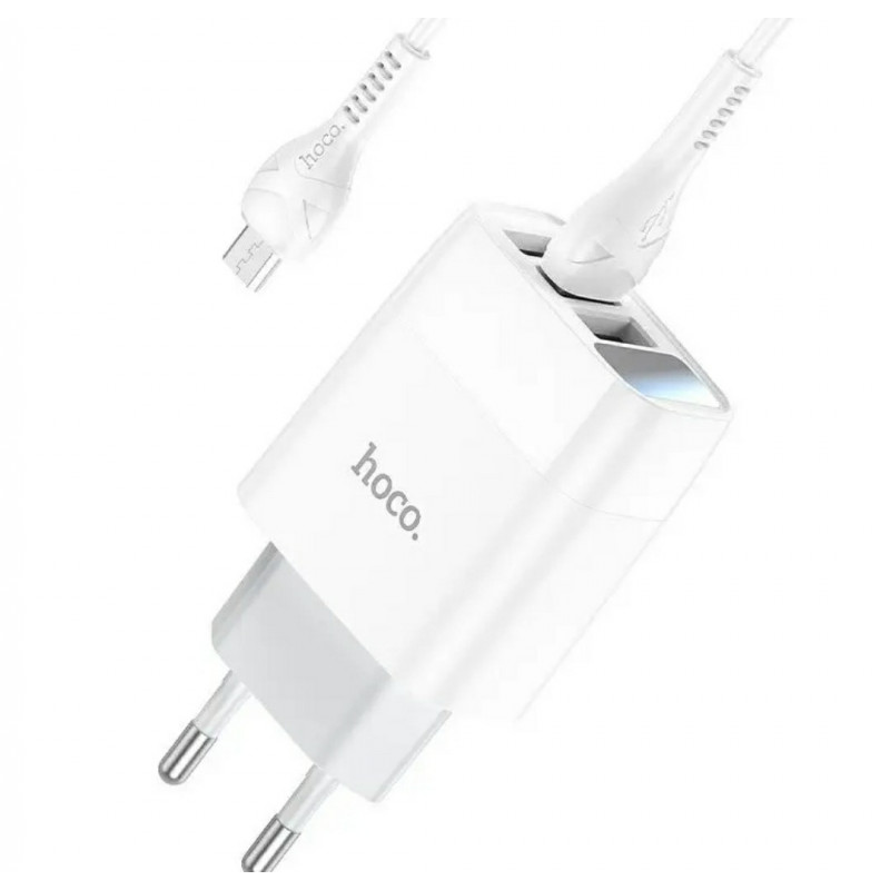 Блок живлення hoco. C93A  3 USB + дисплей + кабель Micro-USB до 3.4 Ампер   Білий
