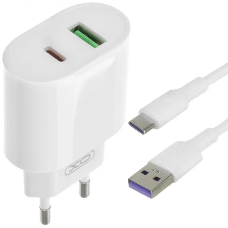Блок питания XO-L81A с кабелем Type-C  Быстрая зарядка Quick Charge 3.0 USB 18W + Type C (PD 20W) Белый