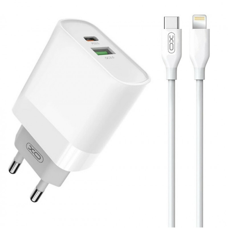 Блок живлення XO-L81A  з кабелем Type-C - Lightning (Iphone)  Швидка зарядка Quick Charge 3.0 USB 18W + Type C (PD 20W) Білий