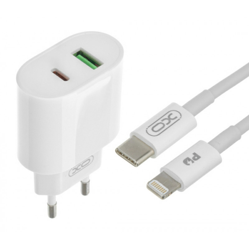 Блок живлення XO-L81A  з кабелем Type-C - Lightning (Iphone)  Швидка зарядка Quick Charge 3.0 USB 18W + Type C (PD 20W) Білий