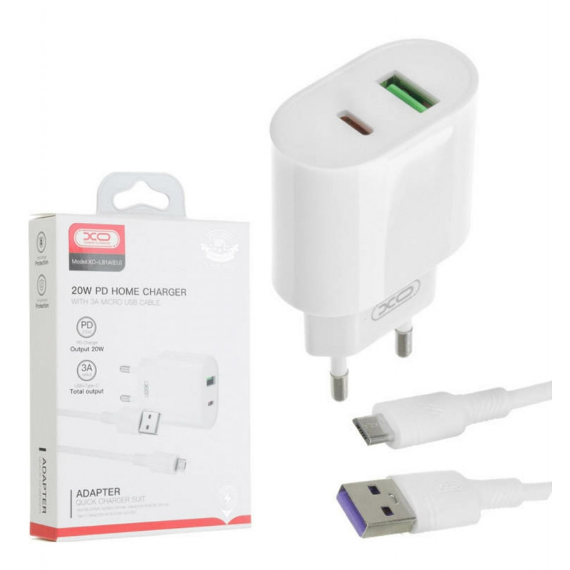 Блок питания XO-L81A с кабелем Micro USB  Быстрая зарядка Quick Charge 3.0 USB 18W + Type C (PD 20W) Белый