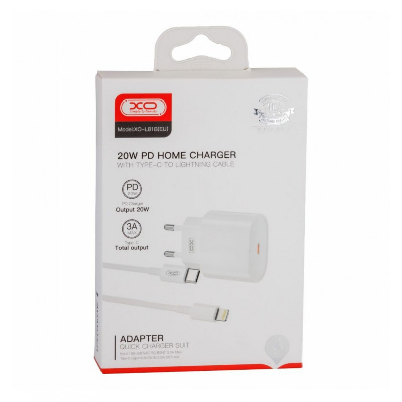 Блок живлення XO-L81B  з кабелем Type-C - Lightning (Iphone)  / Швидка зарядка Quick Charge 3.0 / 20W (PD 20W) Білий