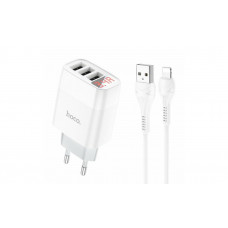 Блок живлення hoco. C93A  3 USB + дисплей + кабель lightning-USB / до 3.4 Ампер / Білий