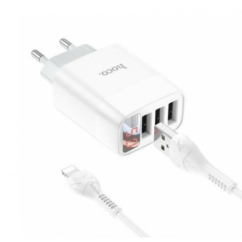 Блок живлення hoco. C93A  3 USB + дисплей + кабель lightning-USB / до 3.4 Ампер / Білий