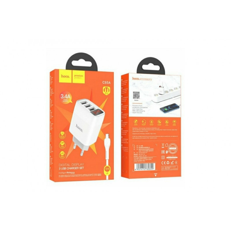 Блок живлення hoco. C93A  3 USB + дисплей + кабель lightning-USB / до 3.4 Ампер / Білий