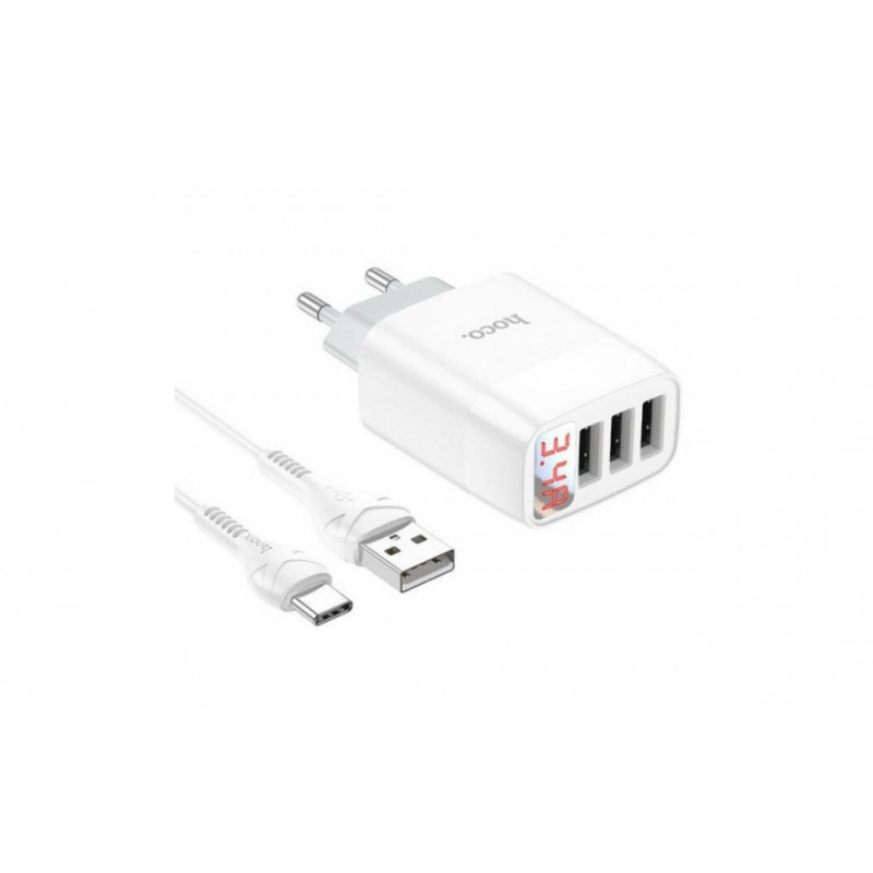 Блок живлення hoco. C93A / 3 USB + дисплей + кабель Type-C-USB / до 3.4 Ампер / Білий
