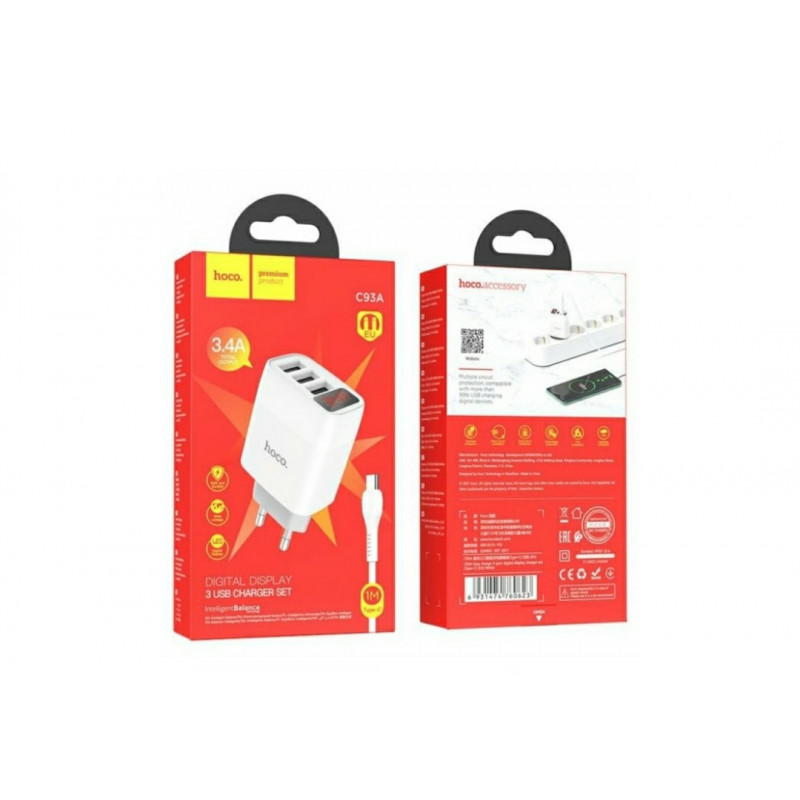 Блок живлення hoco. C93A / 3 USB + дисплей + кабель Type-C-USB / до 3.4 Ампер / Білий