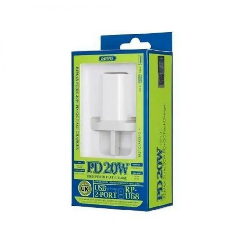 Блок живлення Remax RP-U68 / Швидка зарядка Quick Charge 3.0 / (USB 18W) + Type C (PD 20W) / Білий