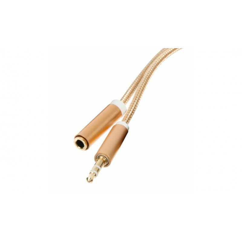 AUX удлинитель для передачи аудио / Mini-jack 3.5 mm. / 2 Pin / Тканевый / 2 метра / Золотой